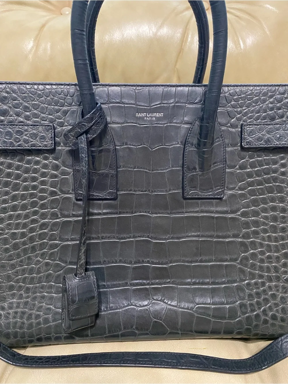 COA Saint Laurent Sac de Jour Tote Black Leather Satchel Bag Crocodile